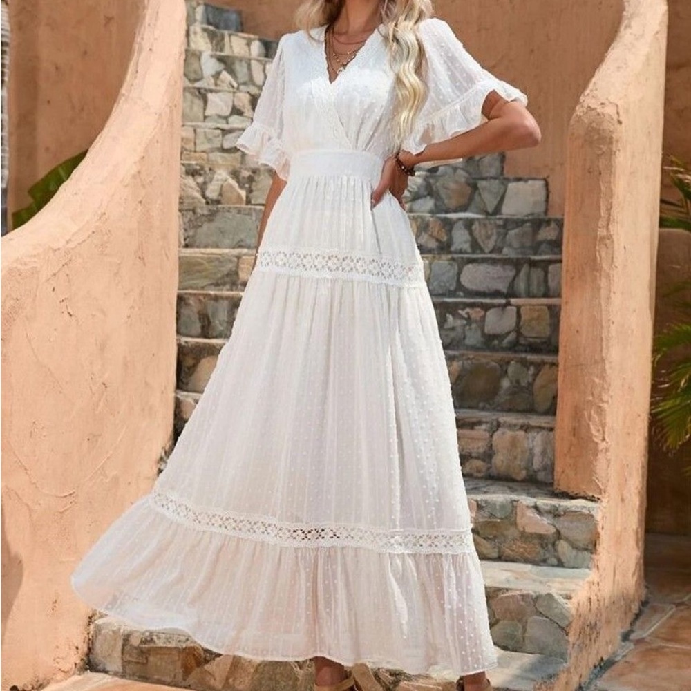 ANANY Swiss Dot Guipure Lace Insert Flounce Sleeve Ruffle Hem Dress